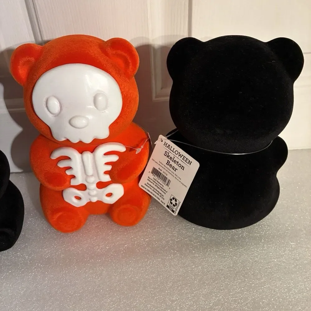 Halloween Skeleton felt Bears, 2 black and 1 orange 7 inches tall. New with Tags